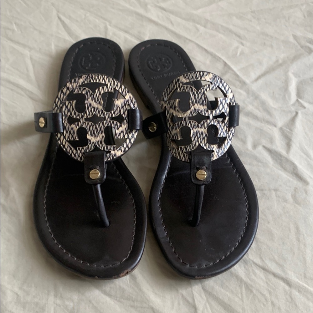 Tory Burch Cream and Brown Sandals with Iconic Medallion